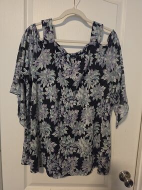Catherines Dark Blue Cold-Shoulder Blouse with Lilac and Teal Floral